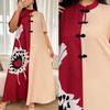 Women Mid Length Improved Cheongsam Printed Patchwork A Line Summer Dress