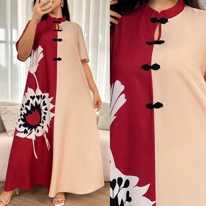 Women Mid Length Improved Cheongsam Printed Patchwork A Line Summer Dress
