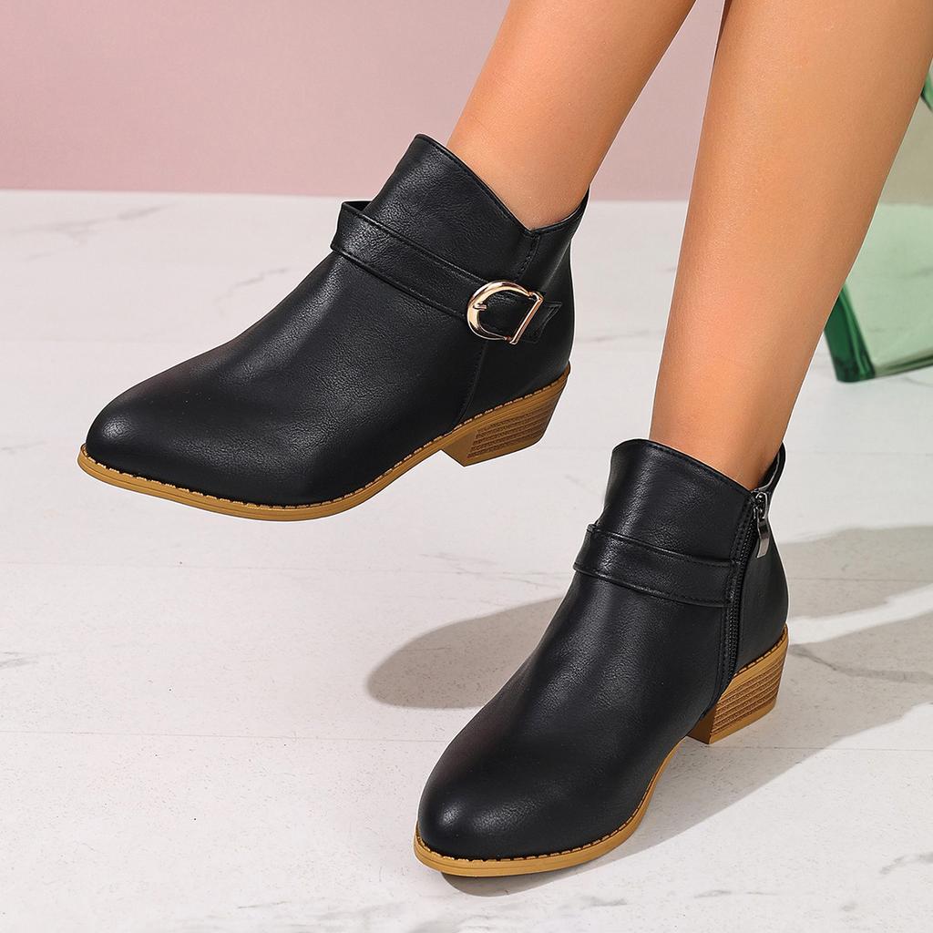 Coarse Heel Side Zipper Large Size Women'S Ankle Boots Pointed Short Boots Women'S Boots Buckle Low Heel Martin Boots Women