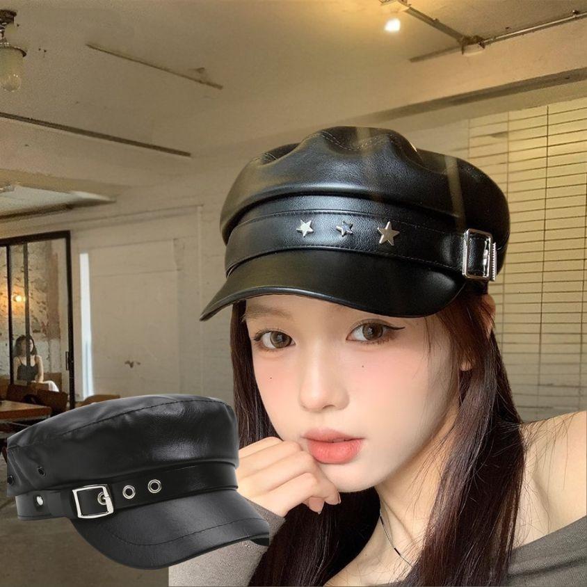 Women's PU Leather Beret Hat Vintage England Flat Top Newsboy Caps Outdoor Casual Berets Black Color Artist Fashion Painter Hat