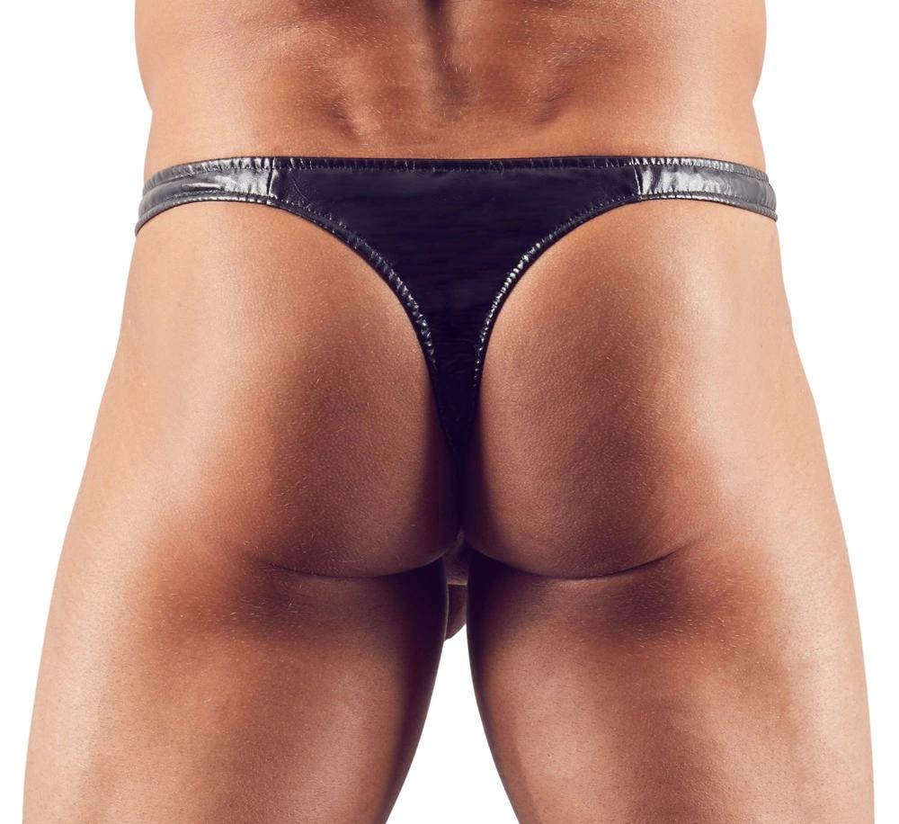 Svenjoyment - Glänzender Herren-Tanga mit Penislöchern Schwarz 2XL