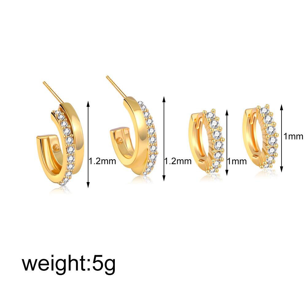 18K Gold Stacked with Diamond Earrings, Simple Ring, Circle, Ear Buckle, Temperament Stud Earrings, Two-piece Jewelry