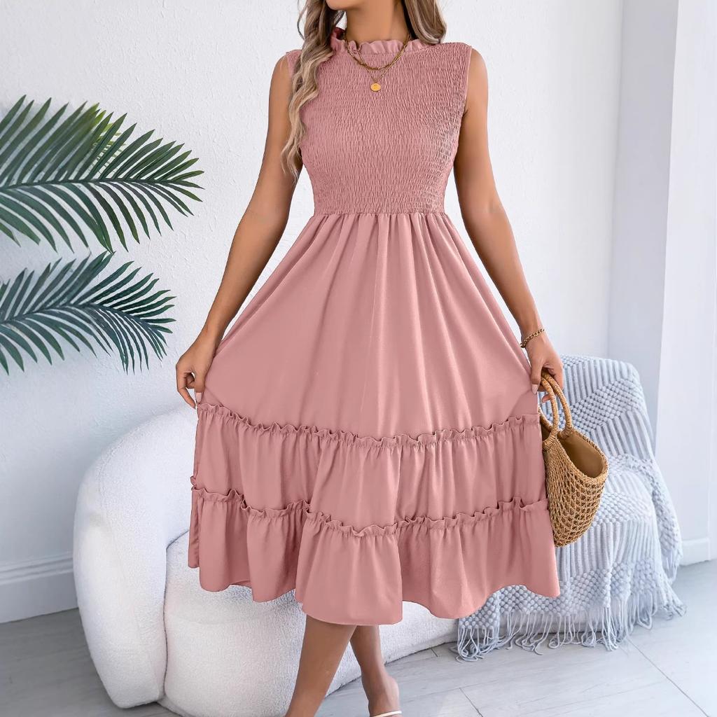 Spring Summer Women's Casual Smocked Waist Sleeveless Ruffle Trim Flowy Maxi Long Dress for European American Crossborder
