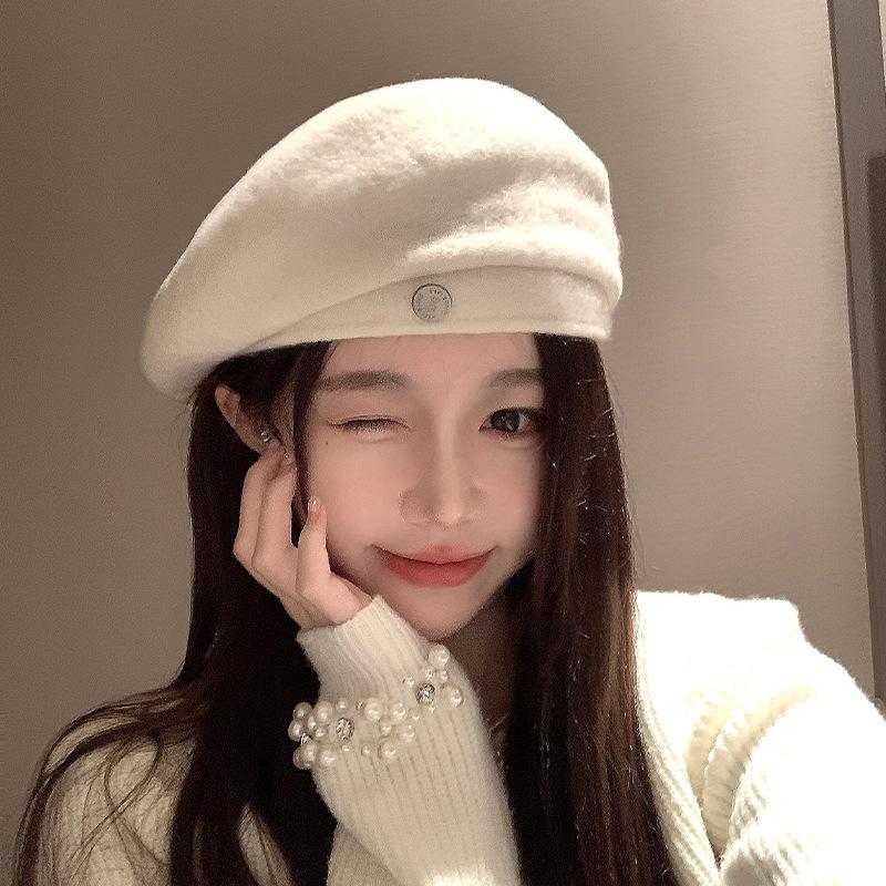 White wool beret woolen hat autumn and winter women's versatile face small painter hat women's high sense