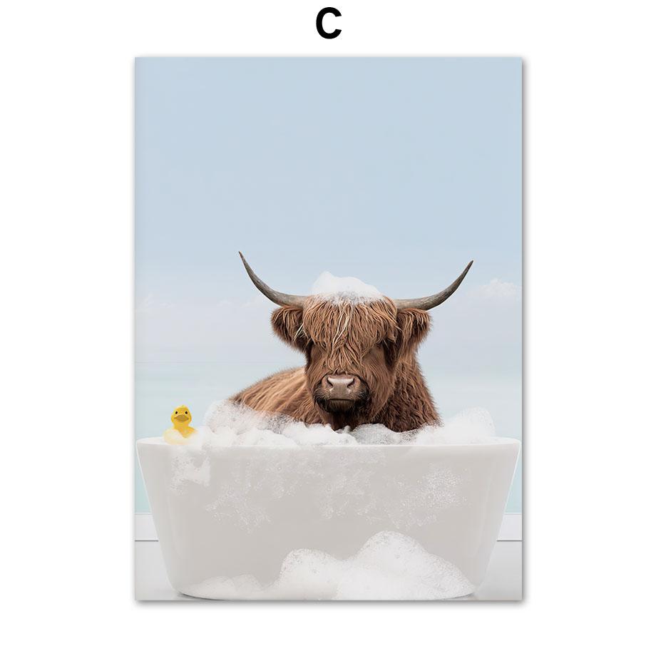 Zvíře ve vaně Lev Tiger Lama Nástěnné umění Obraz na plátně Toaleta Rozmarné Plakáty a obrazy Nástěnné obrazy Legrační dekorace do koupelny