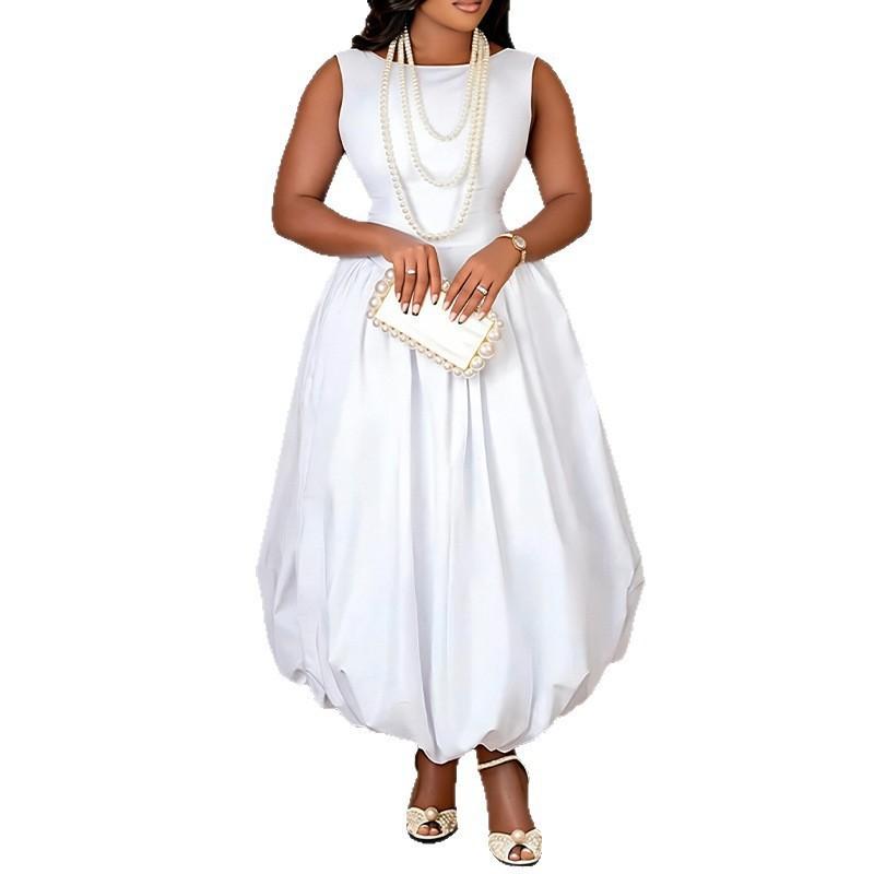 2026 Womens Sleeveless Solid Color Panelled Peplum Midi Dress High-Waisted Fit-and-Flare Style Casual Daily Wear