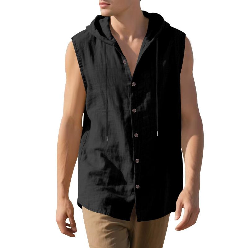 2025 Summer Mens Sleeveless Shirt New Men Loose Casual Linen Hooded Shirt Male Thin Waistcoat Male Trendy Casual Shirt