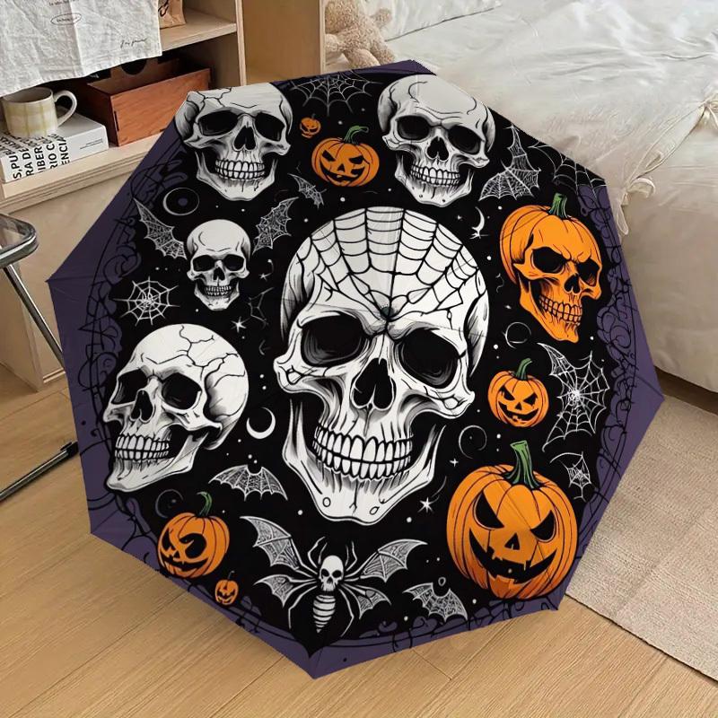 1pc Halloween Skulls Pumpkins Spider Web Umbrella with Plastic Handle,Suitable for All Seasons Home Travel Outdoor UmbrellaDD1508