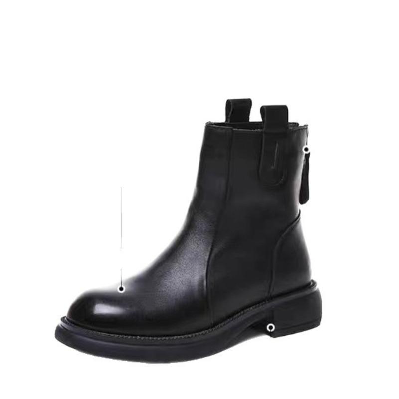 Winter Soft Leather Boots Women's New Autumn Flat-bottomed Rear Zipper Single Boots Velvet Martin Boots Short Boots