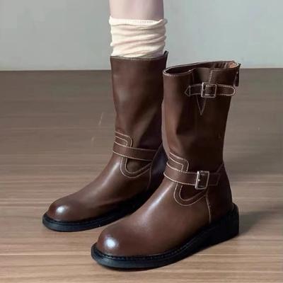 Designer Women Shoes  Autumn Winter New Platform Women's Boots Classic Round Toe Brown Boots British Ladies Mid-calf Boots