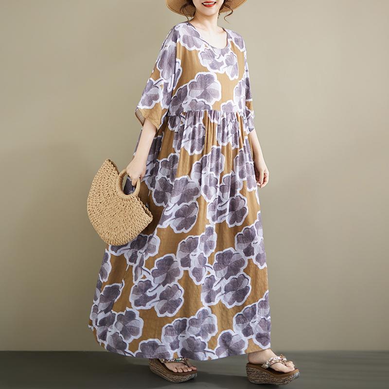 

DIMANAF New 2026 Summer Beach Women Plus Size Vintage Lady Long Dress Floral Print Loose Oversize Maxi Cotton one size