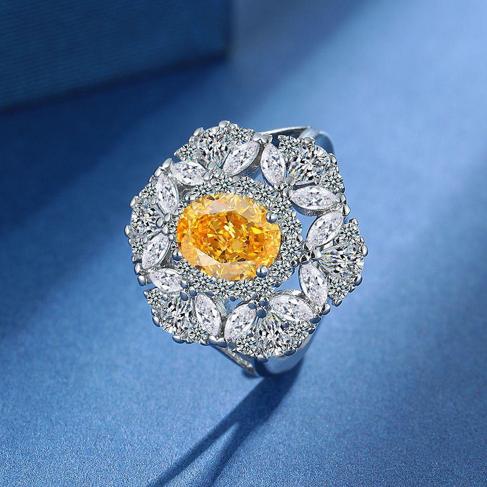 925 Sterling Silver Temperament Light Luxury Golden Citrine Zircon Fat Square Petal Ring Earrings Necklace Set Ladies Jewelry