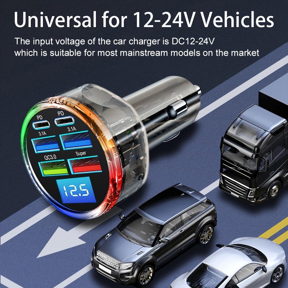 Smart Digital Car Charger with Voltage Display - 6 Ports RGB Illuminated Fast Charging Hub for Modern Vehicles