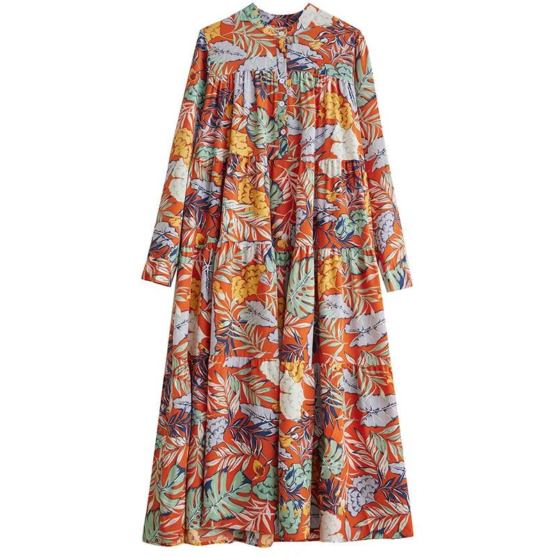 

XITAO контрастное цветное платье с принтом, свободное модное женское платье с длинным рукавом и воротником-стойкой DMJ3612 One Size оранжевый