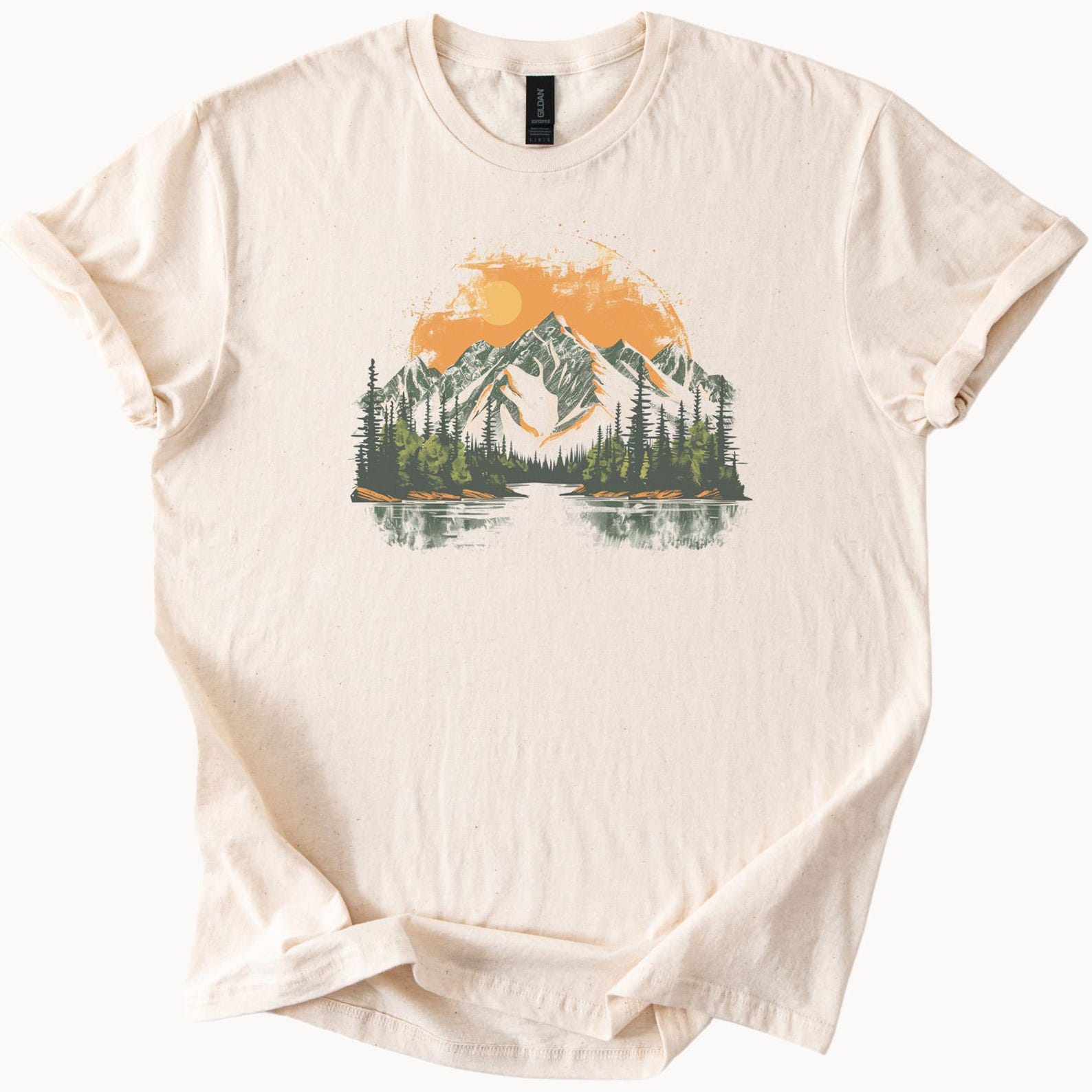 Mountain Sunrise Graphic T Shirt Nature Landscape Tee with Pine Trees and Lake Outdoor Adventure Shirt Scenic Wilderness Apparel 120