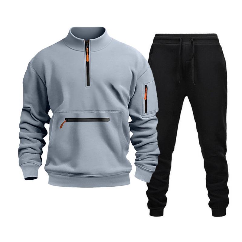 Herren Henley Kragen Reißverschluss Sweatshirt Lässiges Fleece Kapuzenpullover Set