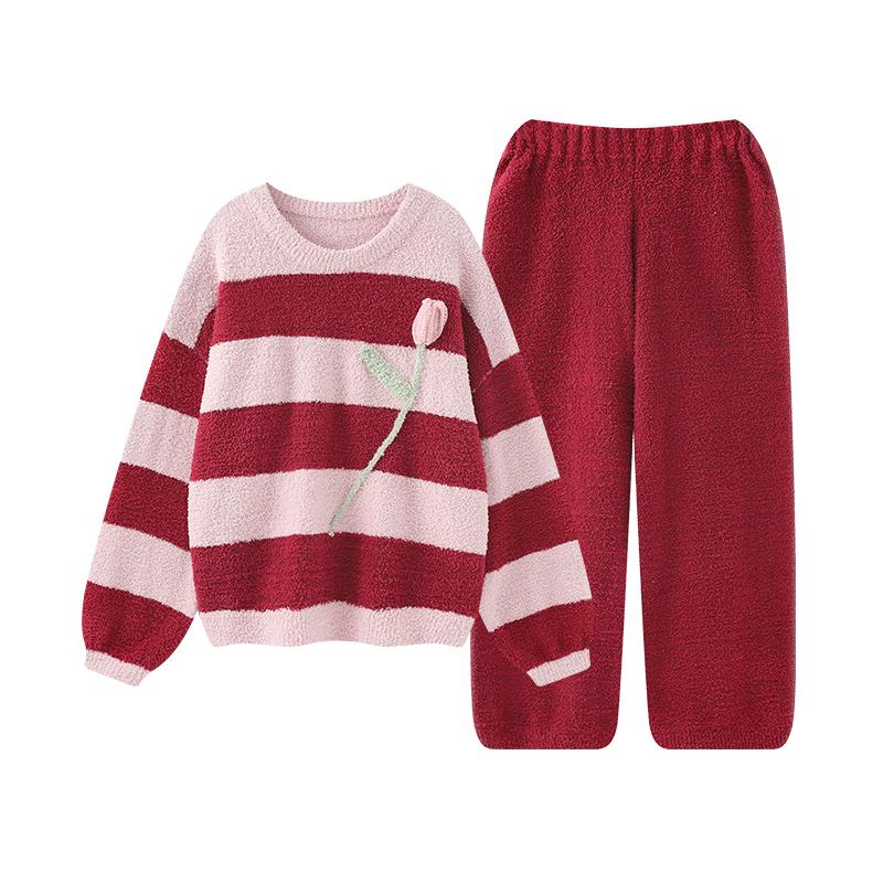 Green Stripe Pajamas Women's Autumn and Winter  Home Clothes Coral Fleece Thickened Outwear Suit You Can Wear It on The Street.