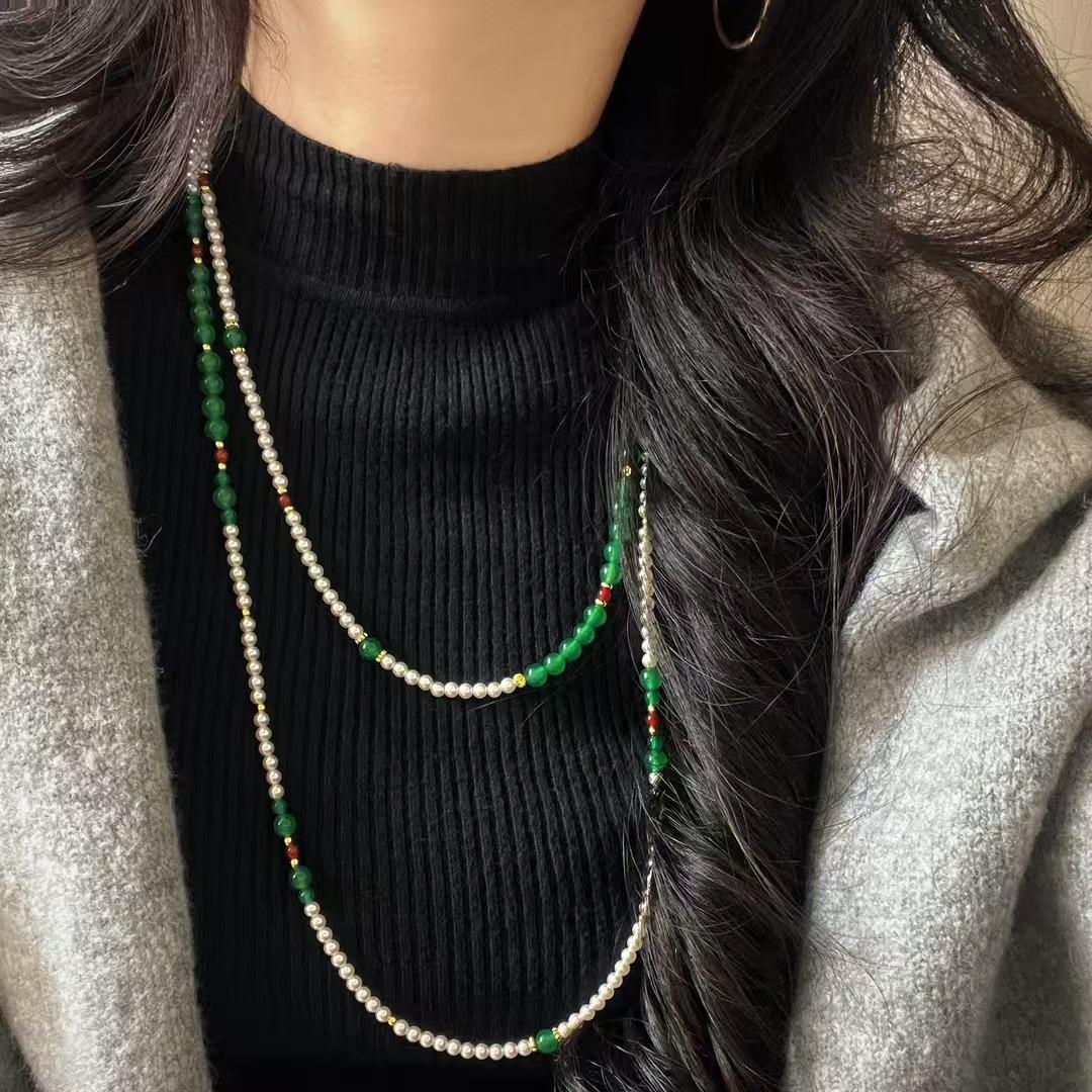 Vintage Design Sense High Quality Natural Chalcedony Artificial Crystal Pearl Sweater Chain Necklace