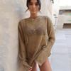 Sexy Perspective Knitted Hoodie Women's Solid Color Loose Round Neck Long Sleeved Top T-shirt Summer New Fashion