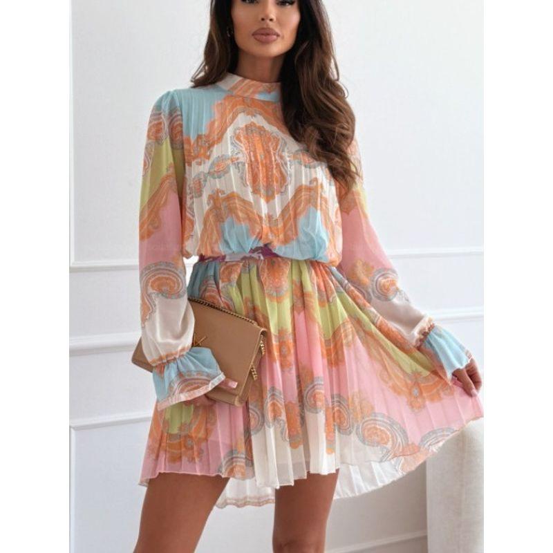 Autumn New Western Style Stand Collar Print Pleat Loose Slimming Temperament Long sleeve dress Short dress Women Dress