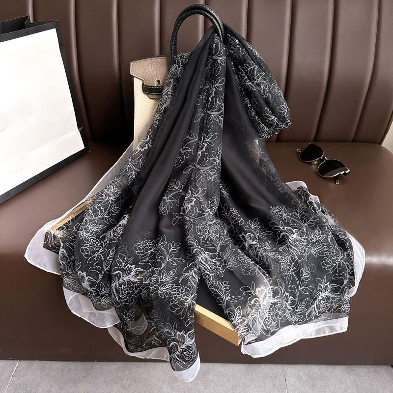 Silk Scarf Folral Women Summer Hijab Luxury Print Sunscreen Shawl Wraps Bandana Ladies Head Scarves Large Foulard Echarpe