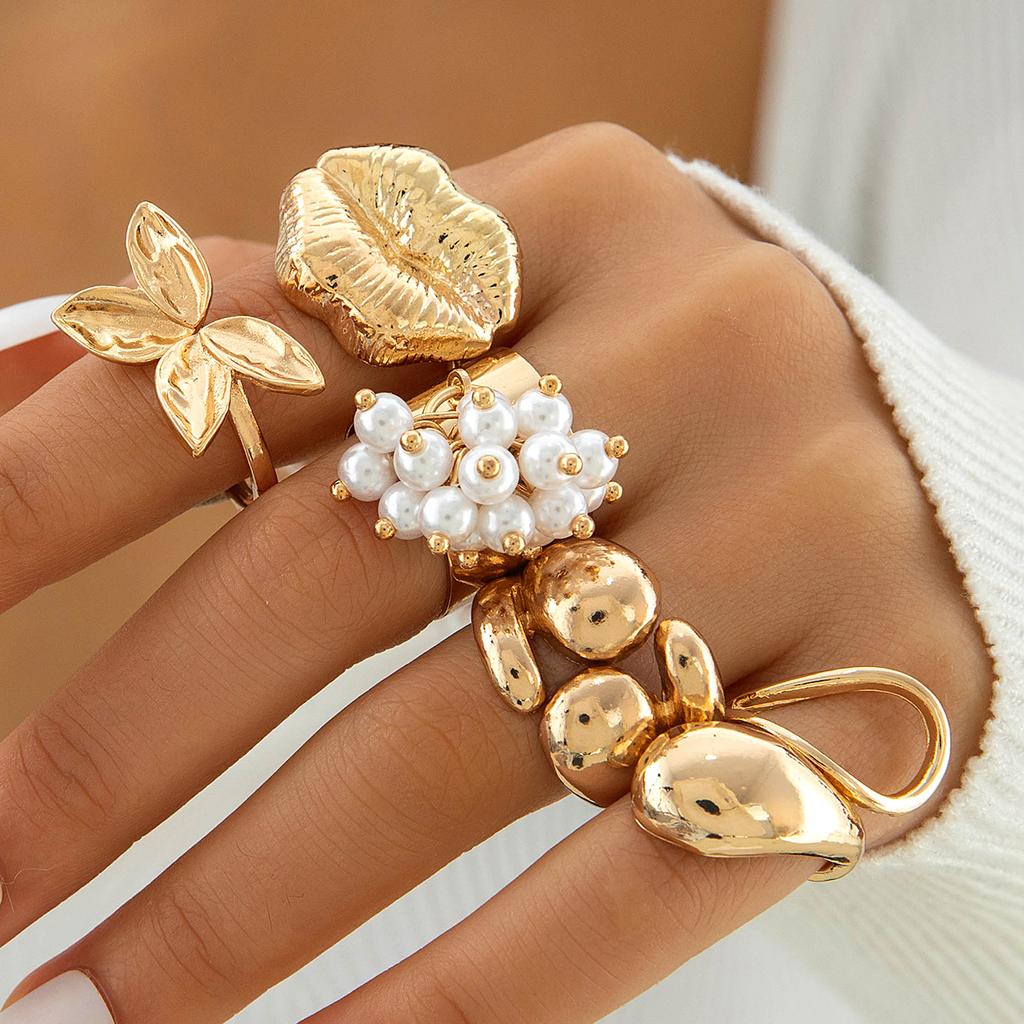 Accessories, Baroque special-shaped hollow pearl ring, geometric pendant stacked iron ring set