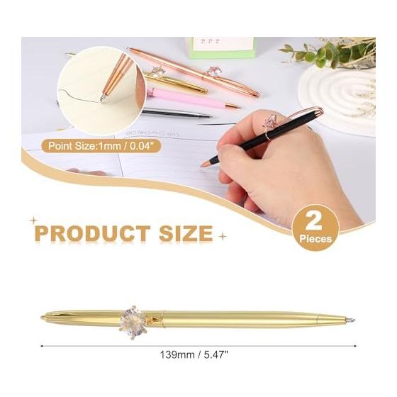 PATIKIL 2pcs Black Ink Ballpoint Pens, Crystal Diamond Twist Metal Pens 1.0mm Medium Point, Gold for Notes, Journaling, Gifts, Office