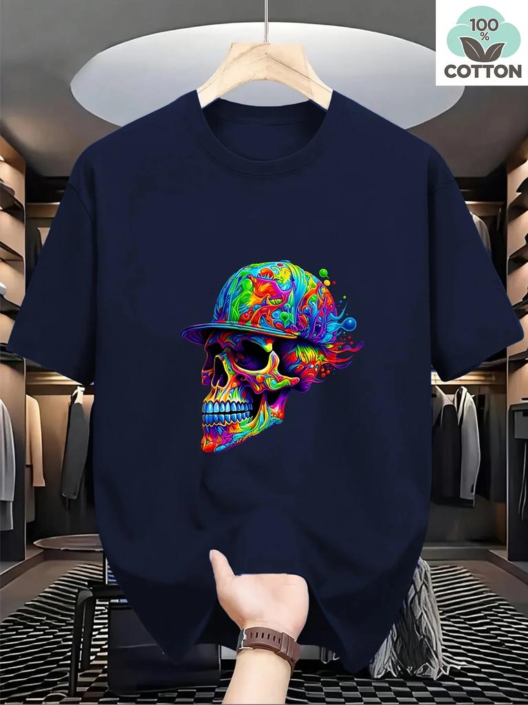 Unisexs 100 Cotton Tshirt With Neon Rainbow Skull Baseball Cap Design Casual Everyday Street Style Shortsleeved Top