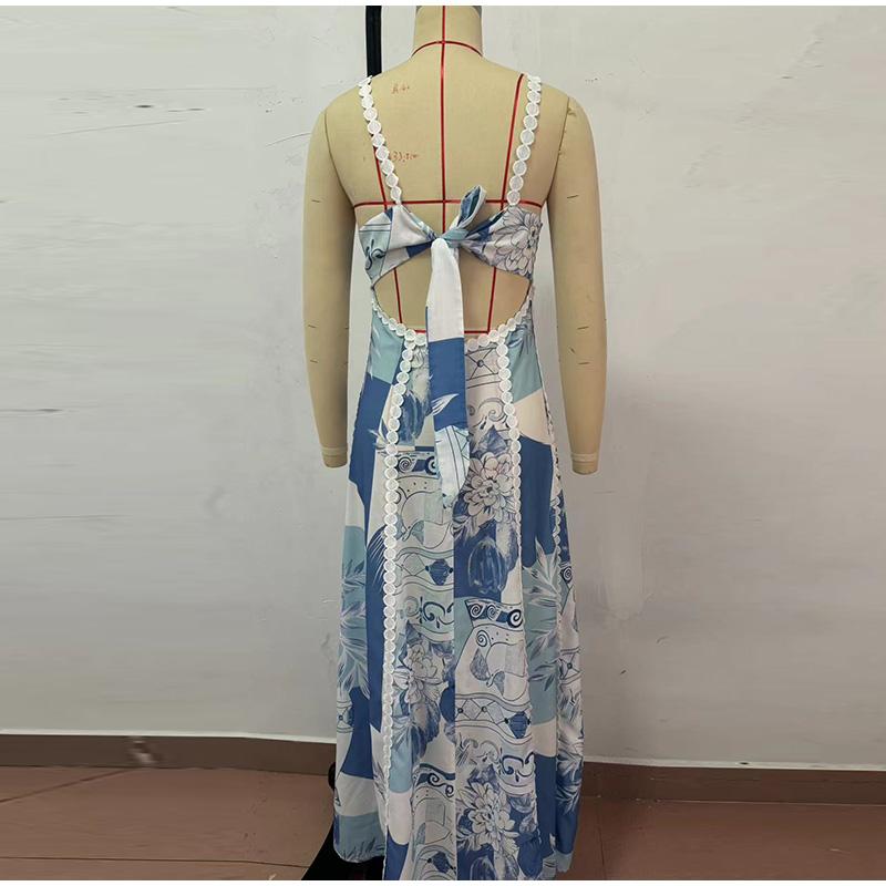 Strapless Suspender Sexy Maxi Dress Women Lace Backless Large Hem Fashion Printed Long Dresses Holiday Robe