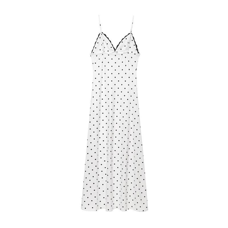Elegant White V-Neck Midi Dress With Polka Dot Print High-Waisted A-Line Skirt 2025 Lightweight Chic Womens