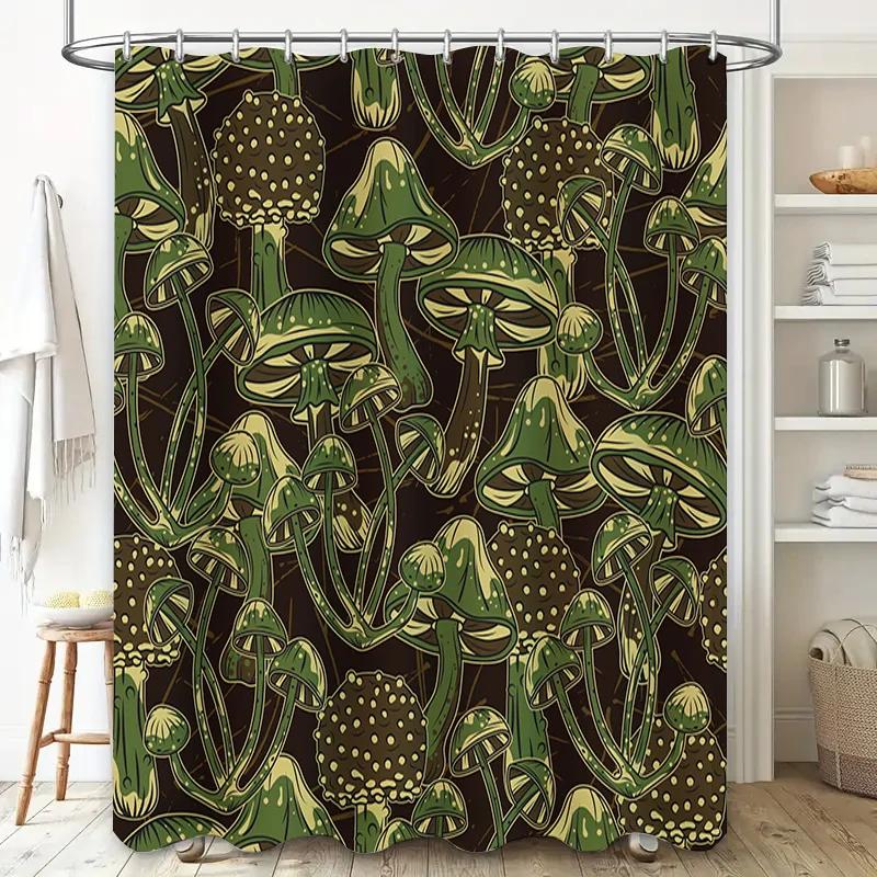 Mushroom Print Shower Curtain Waterproof Bathroom Decor Home Decoration Wall Hangings for Bathtub Kitchen Green and Brown Colors