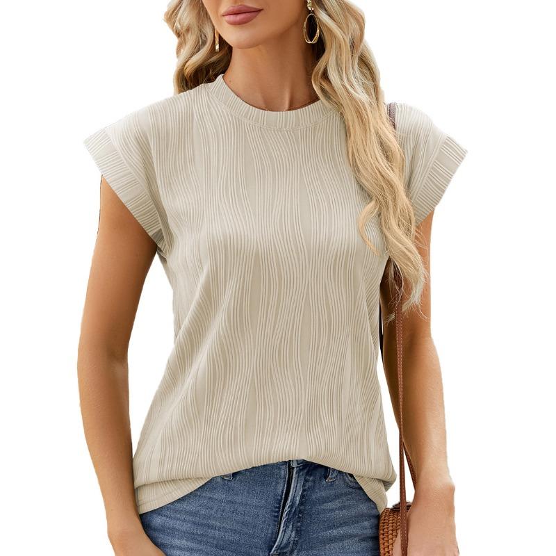 Women's Summer Solid Color Crew Neck Cover Shoulder Sleeve T-shirt Top Vest