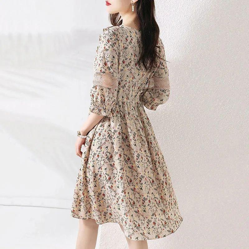 Elegant Broken Flowers A-Line Dresses Vintage Lace V-Neck Spliced Female Clothing Summer Hollow Out Drawstring Waist Midi Dress