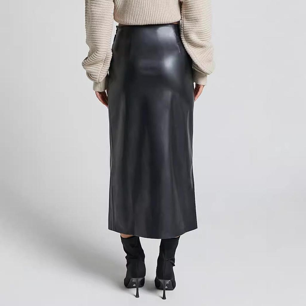 PU Kůže Sukně Midi se Zipem s Vysokým Pasem: Podzimní/Zimní Bodycon sukně s rozparkem pro ženy