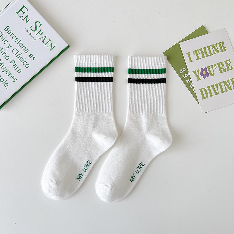 Female Spring and Autumn Letter Stripe Embroidered Green Street Sports Academy Wind Tube Socks