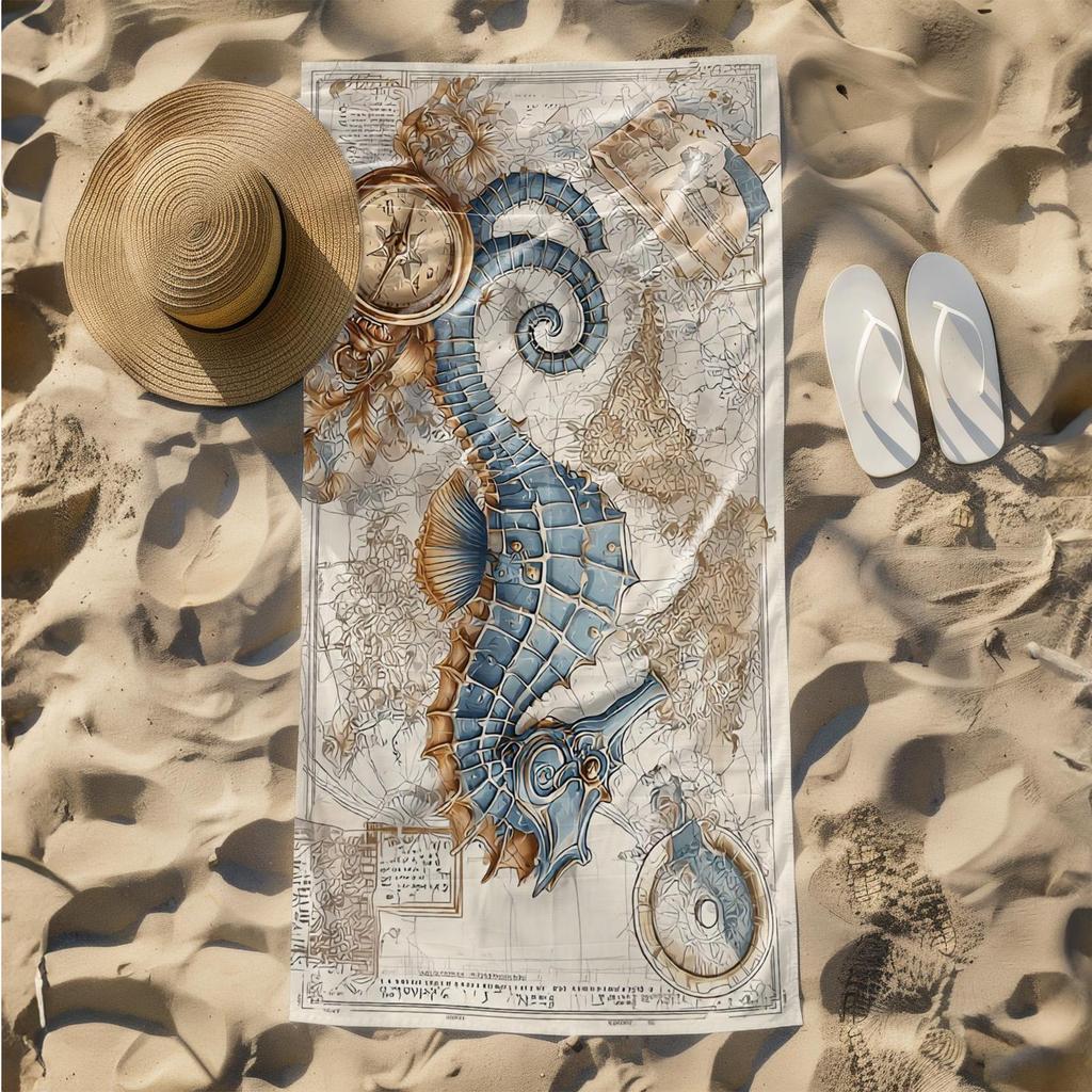 1pc Vintage Nautical Exploration Map with Seahorse and Compass 2D Printed Microfiber Beach Towel, quick dry super absorbent