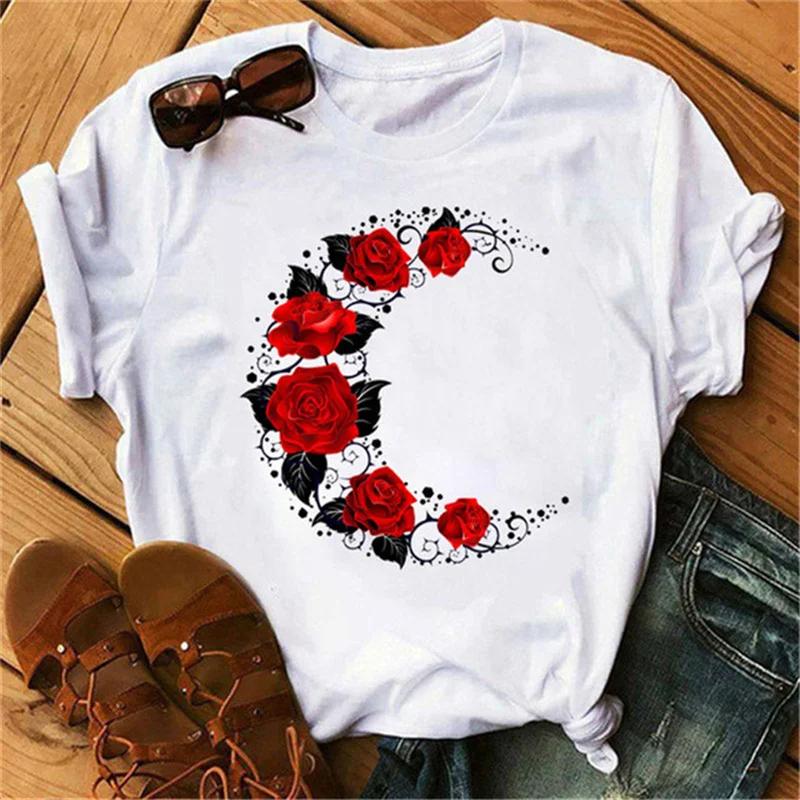 Women's T-shirt Fashion Creative Flower Printed T-shirt Casual T-shirt Short Sleeve Women's T-shirt