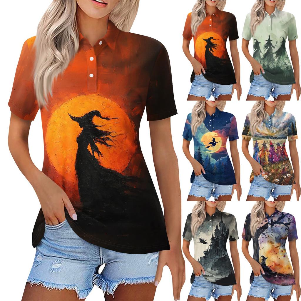 Dámská móda Ležérní klopa Krátký rukáv Halloweenský potisk Košile Dámské zapínací topy