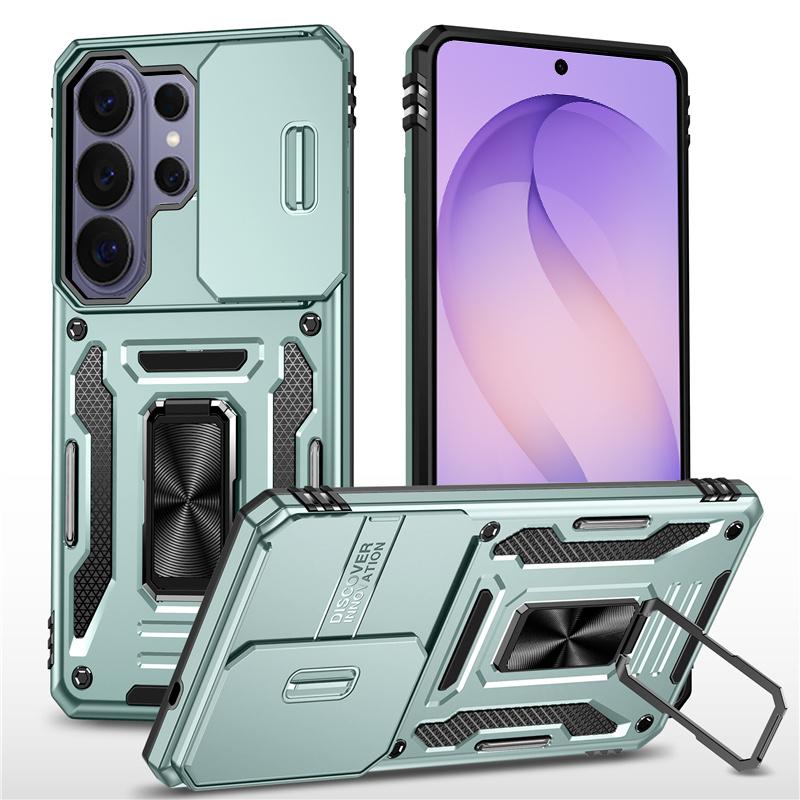 Support Anneau Rotatif Glissière Objectif Caméra Armure Grade Militaire Coque de Téléphone Pour Samsung Galaxy S26 S25 S24 S23 S22 Ultra Plus FE Housse Galaxy S26+ vert