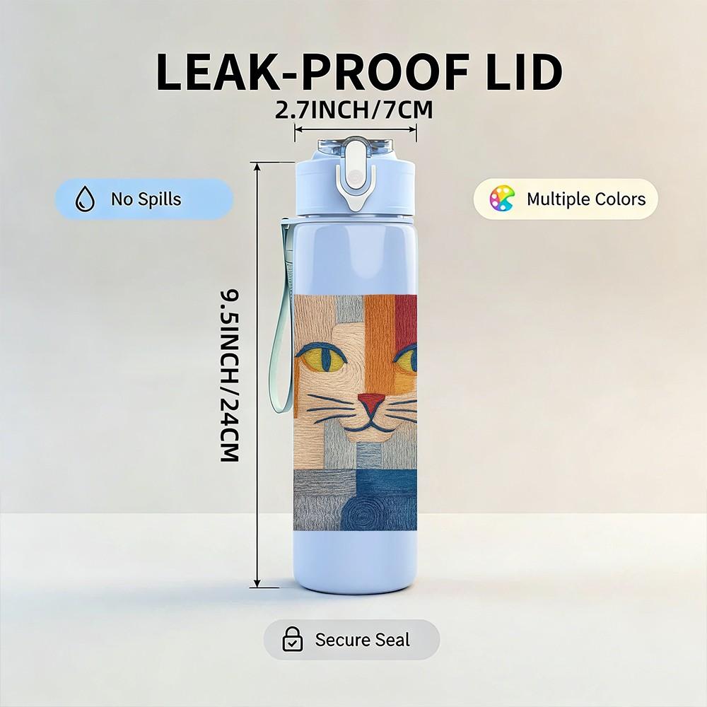 1PC Patchwork Colorful Cat Face Print 750ml Color Plastic Sports Water Bottle Leakproof Flip Straw Lid Suitable for Sports Office Home Use