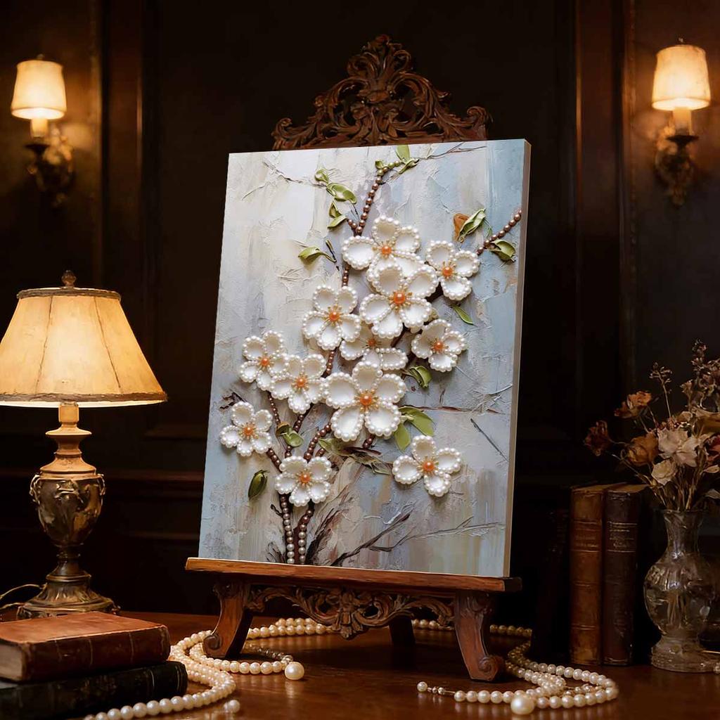 5D Frameless Pearl Painting White Flowers Diy Handmade Sticky Diamond Creative Canvas Art Painting Bedroom Decoration Living Room Hanging Painting