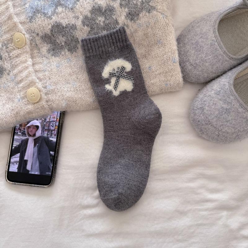 Thick Wool Socks for Autumn and Winter, Women's Button Bow Pile Socks