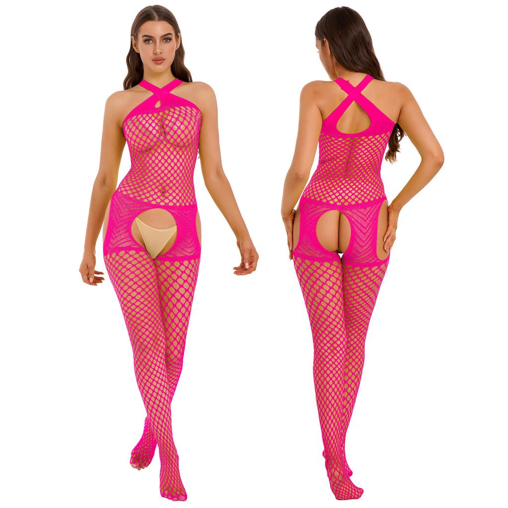 Womens Fishnet Crotchless Bodystocking See Through Cutout Cross Halter Neck Jumpsuit