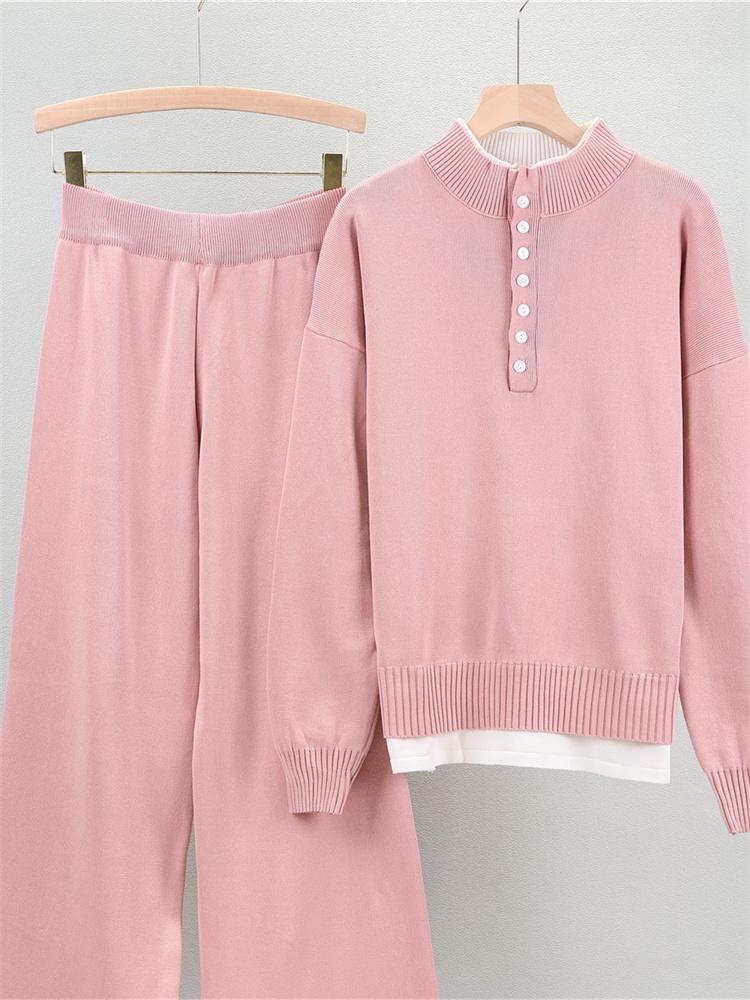 Female Autumn Loose Small Fragrant Style Fake Two-Piece Sweater Set Knitted Wide Leg Pants Two Piece Set