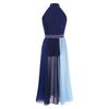 Girls Modern Lyrical Dance Dress Sleeveless Mock Neck Chiffon Costume with Rhinestones Color Block Side Split & Invisible Zipper
