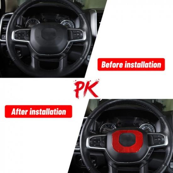 Steering Wheel Center Cover Trim Decor Ring for Dodge Ram 2018+ Red Carbon Fiber