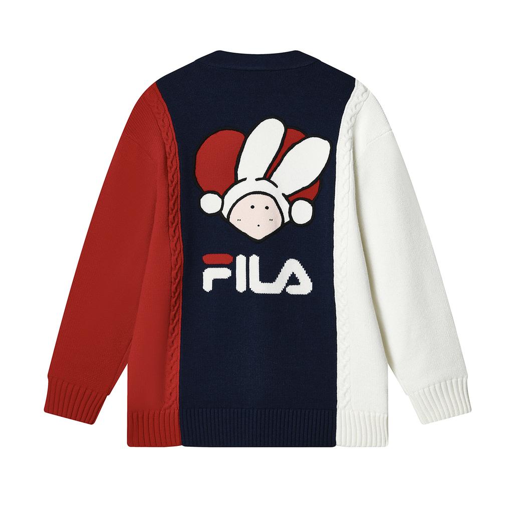 Fila CNY Bunny Collaboration Series Pattern Print V-Neck Knit Sweater Women Sweater Smoky-Blue F11W319407F-DB