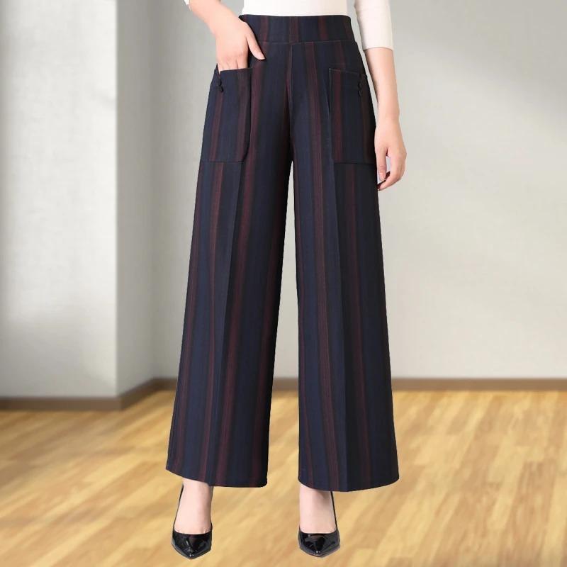 Women's Nine-point Wide-leg Spring Autumn New High-waist Striped Casual Pants