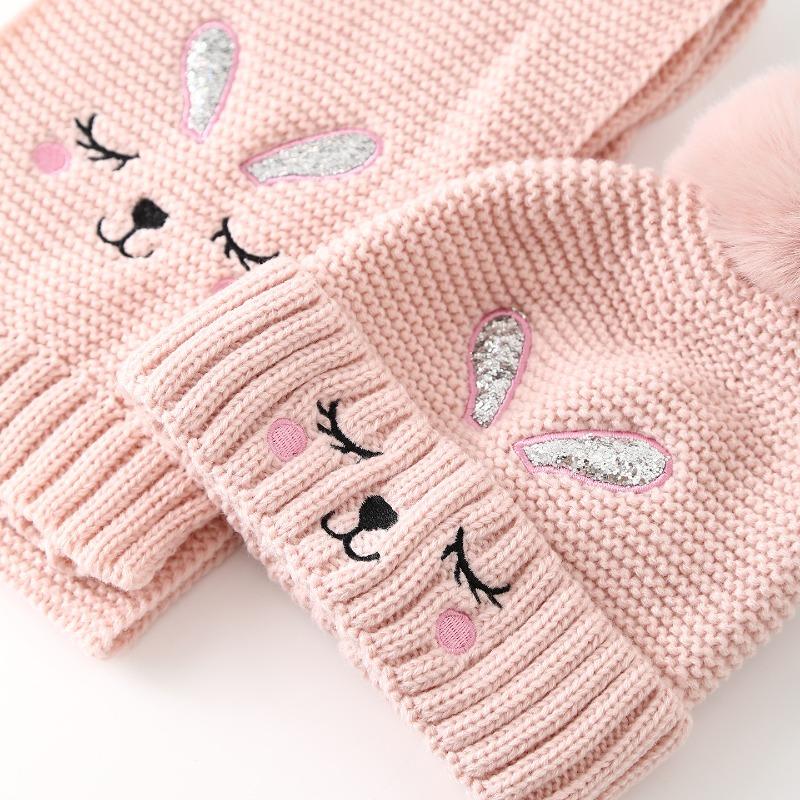 Cute Closed Eye Rabbit Children's Hat, Gloves, Scarf Three Piece Set, Winter Girls' Warm Knitted Hat