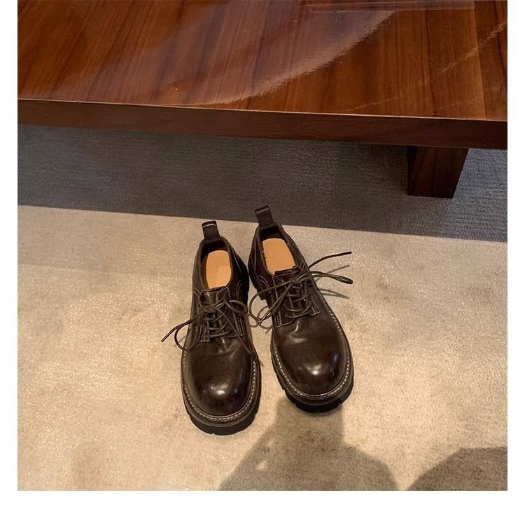 

Spot second hair grape mother same retro washed shrink pattern round head lace-up thick heel loafers women s autumn small leather shoes 40